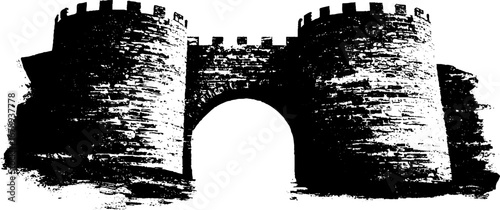 Medieval castle gateway stencil art in black and white for design projects