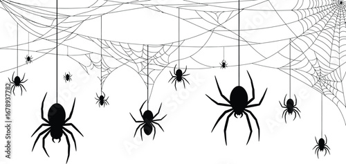 Spooky spiders hanging from cobwebs, creating a creepy halloween scene, perfect for scary designs and decorations