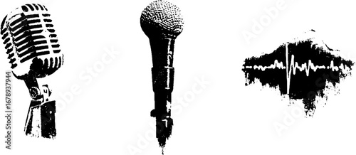 Black and white stencil set featuring microphone designs for artistic creations