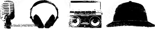Black and white stencil set featuring microphone, headphones, boombox, and cap for design and decor