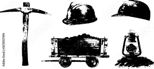 Industrial mining tools and equipment stencil set in black and white for design projects