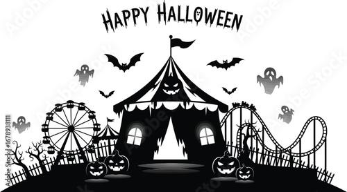 Spooky halloween haunted carnival scene with ferris wheel, roller coaster, pumpkins, ghosts and bats