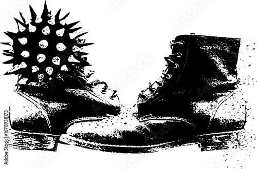 Urban punk style stencil art set featuring combat boots and spiked ornament in black and white
