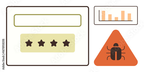 Star rating panel, search bar, bug warning triangle, and bar chart. Ideal for quality control, web performance, analytics, customer feedback, error tracking risk management simple flat metaphor