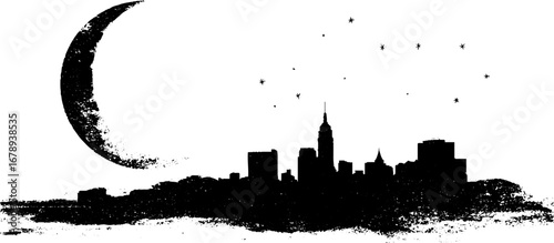 Black and white grungy cityscape with moon and stars for urban art design