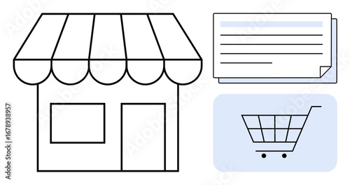 Storefront, document, and shopping cart highlight physical retail and online shopping. Ideal for retail, e-commerce, invoices, billing, marketing small business modern shopping. Simple flat