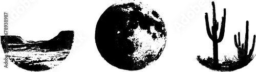 Black and white stencil set featuring moon, desert landscape, and cacti for creative designs