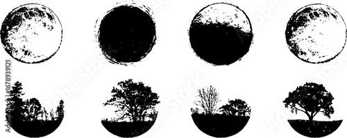 Black and white moon phases and tree silhouettes collection for artistic design