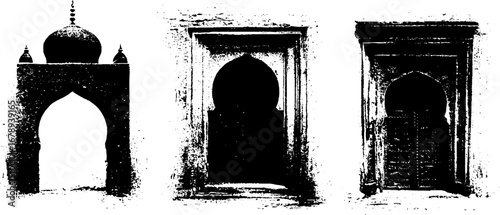 Black and white stencil set featuring mosque arches and architecture elements for design