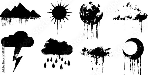 Black and white weather stencil collection featuring mountains and celestial elements