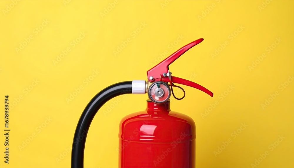 Obraz premium Red fire extinguisher on a yellow background
