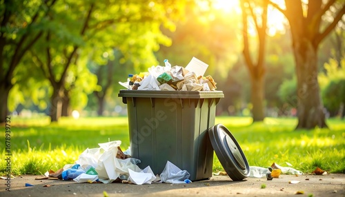 Overflowing trash can in park
