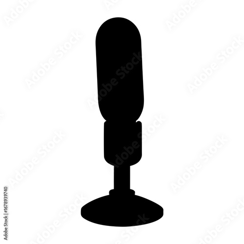 Black microphone silhouette with a base for studio recording and broadcasting