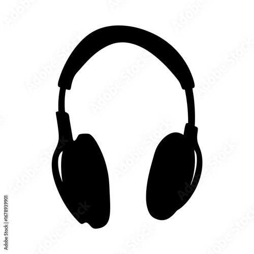 Simple black and white silhouette of over the ear listening headphones