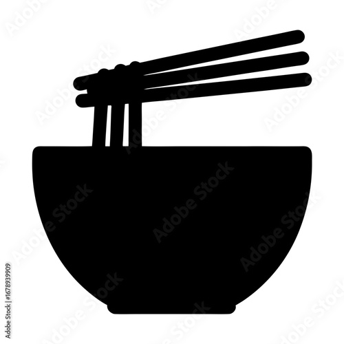 Black silhouette of a bowl of noodles with chopsticks grabbing noodles