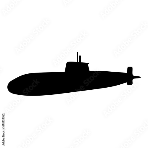 Detailed black silhouette of a submarine vessel on a white background
