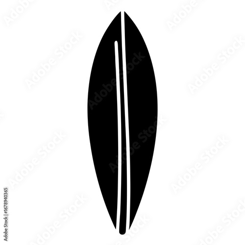 Silhouette of a black surfboard with two white stringers on white background