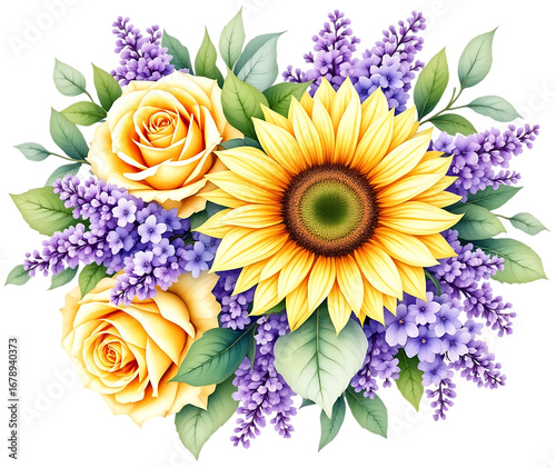 Sunflower bouquet with yellow roses and purple lilac, isolated on a transparent background.