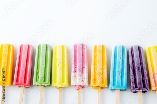 Colorful popsicle ice cream popsicle summer dessert frozen treat bright fruity flavors refreshing on white background, playful arrangement evokes joyful craving