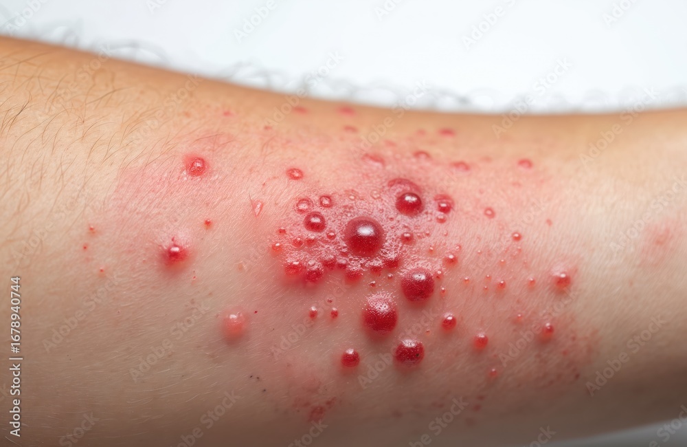 Fototapeta premium Close-up image shows severe red rash with blisters and bumps on a man arm. Skin condition appears irritated and inflamed, possibly a skin disease like dermatitis or infection. Medical close-up.