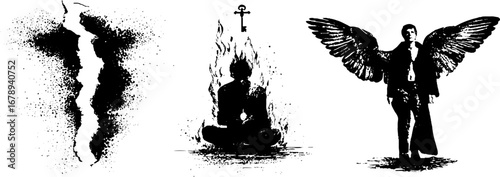 Mystical black and white stencil collection featuring occult symbols and winged figure for creative designs