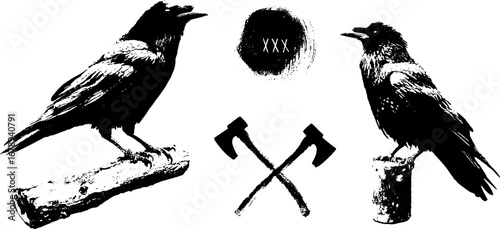 Odin symbolism stencil black and white illustration set for tribal design
