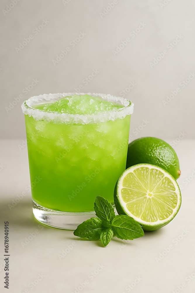 Fototapeta premium Refreshing frozen lime margarita cocktail with fresh mint and lime slices