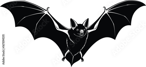 A black bat with open wings, a spooky symbol of halloween and nocturnal creatures