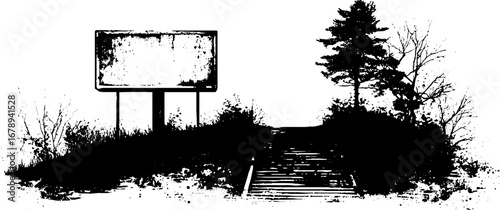 Black and white grunge stencil landscape with billboard and trees for urban art design