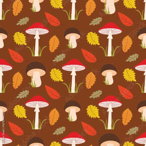 Autumn seamless pattern with mushrooms and leaves. Forest background with various mushrooms in the grass and falling leaves. Fall print for textiles, packaging, design, vector graphics.