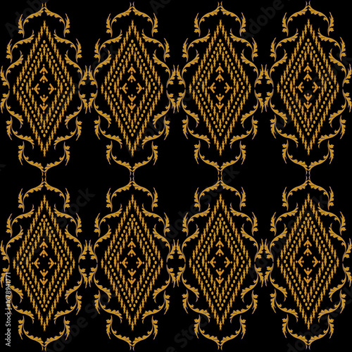 Golden outlined flowers with subtle shading and smaller floral accents on a black background, forming a rich, repeating pattern.
