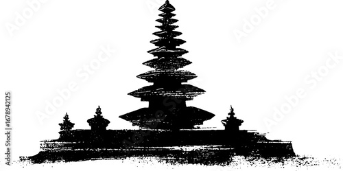 Black and white stencil of pagoda temple silhouette for design and decor