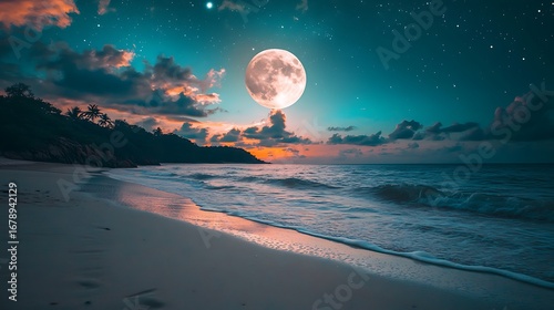 Serene Tropical Beach Night Scene With Full Moon And Stars