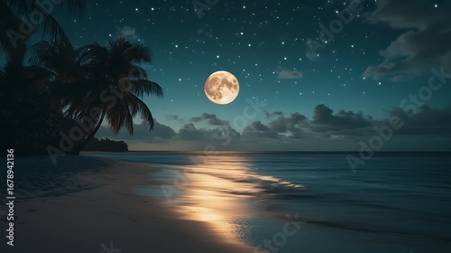 Tranquil Night Scene Of A Tropical Beach Underneath A Full Moon