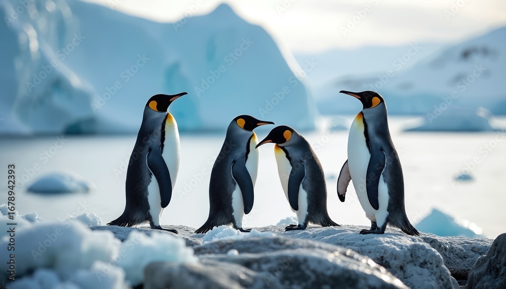 Fototapeta premium Group of king penguins stand on icy rocks near calm water. Snowy Antarctic landscape with icebergs in background. Penguins interact in frigid climate, awaiting plunge into chilly ocean.