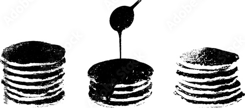 Black and white stencil style pancake set featuring syrup pouring scene for retro design inspiration