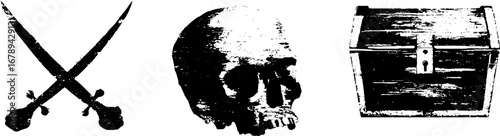 Black and white pirate stencil set featuring skull, crossed swords, and treasure chest for creative design