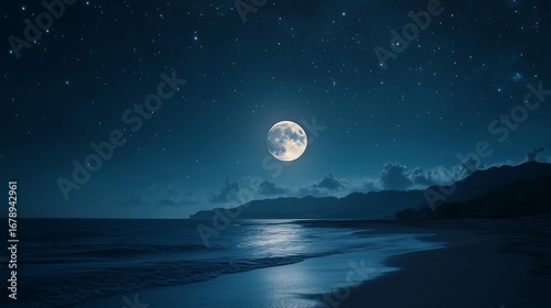 Serene Night Seascape with Full Moon and Stars