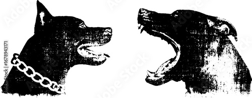 Black and white stencil illustration set of pitbull dogs facing each other