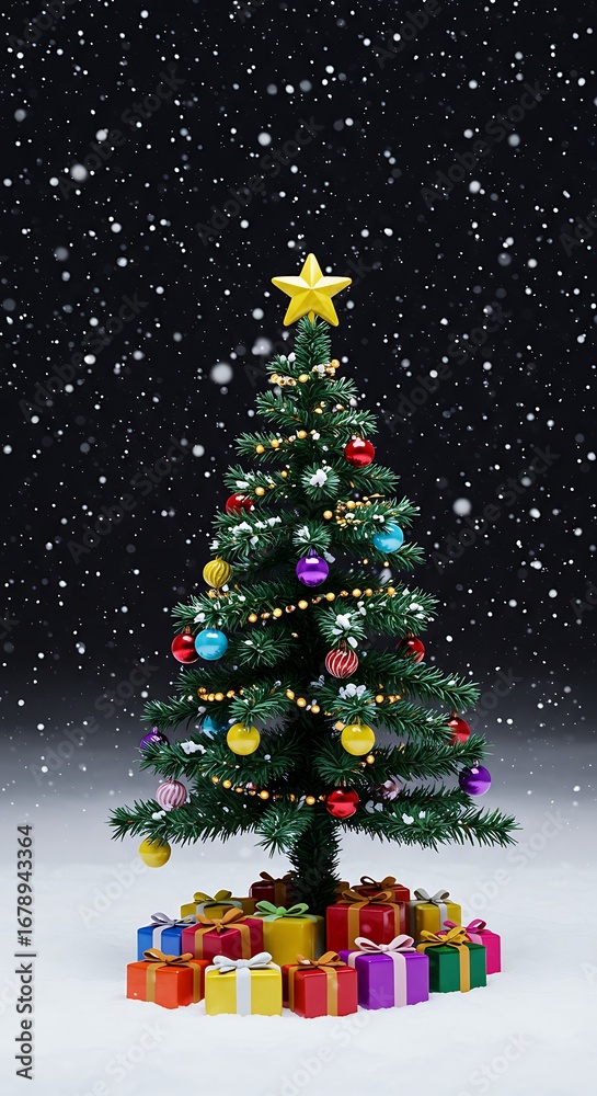 Obraz premium Decorated christmas tree with gifts and falling snow creating a festive atmosphere