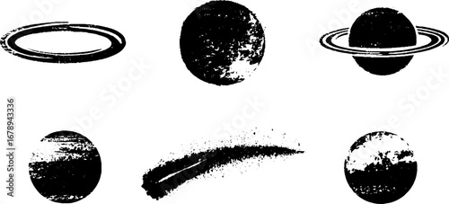 Black and white stencil set of plane and celestial bodies for design and decor
