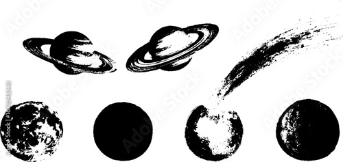 Black and white stencil collection of planets and space elements for design