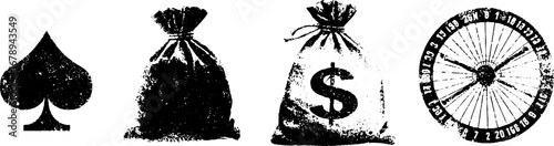 Monochrome stencil set featuring playing card spade, money bags, and roulette wheel