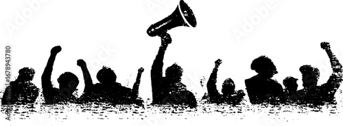 Black and white protest silhouette with raised fists and megaphone