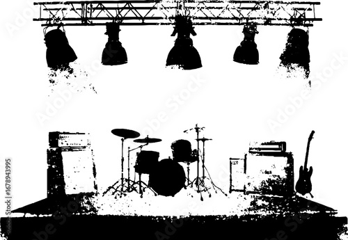 Punk rock music stage setup in black and white stencil art