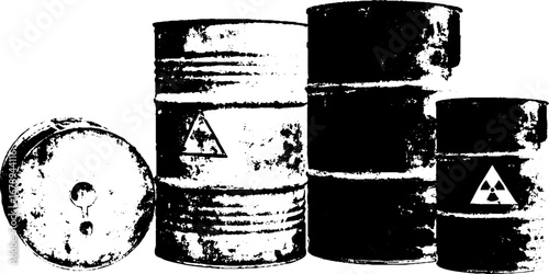 Grungy black and white stencil of radioactive barrels for urban design