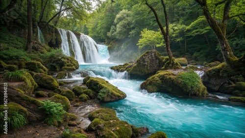 Beautiful waterfall cascade flowing over moss-covered rocks in a lush, green forest