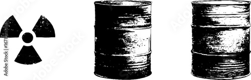 Black and white stencil illustration set of radiation symbols and barrels for hazard awareness