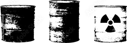 Black and white stencil set of industrial barrels with radiation symbol for urban and grunge designs