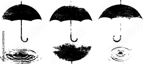 Grungy black and white umbrella stencil collection for rainy day design projects
